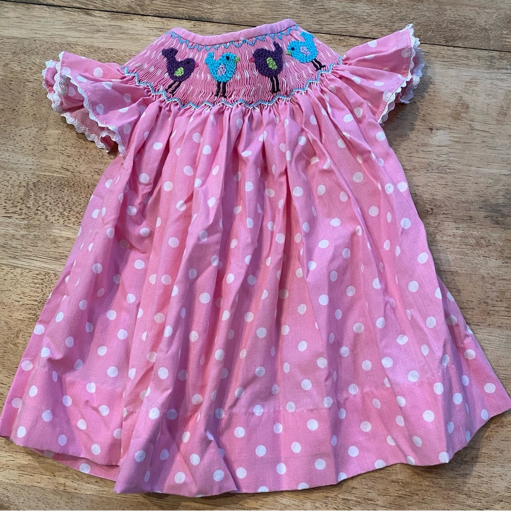 Smocktions Infant‎ Size 12 Months Cotton Blend Pink Polka Dot Smocked dress